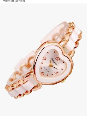 Anthropologie Rose Gold and White Heart-Shaped Bracelet Watch